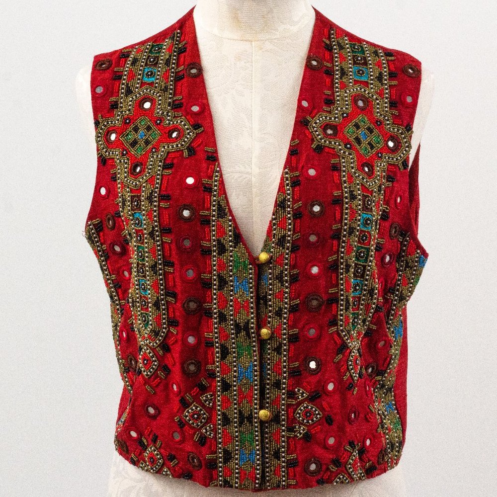 Vintage 70s M Silk Boho Beaded Vest Crop Top Red
